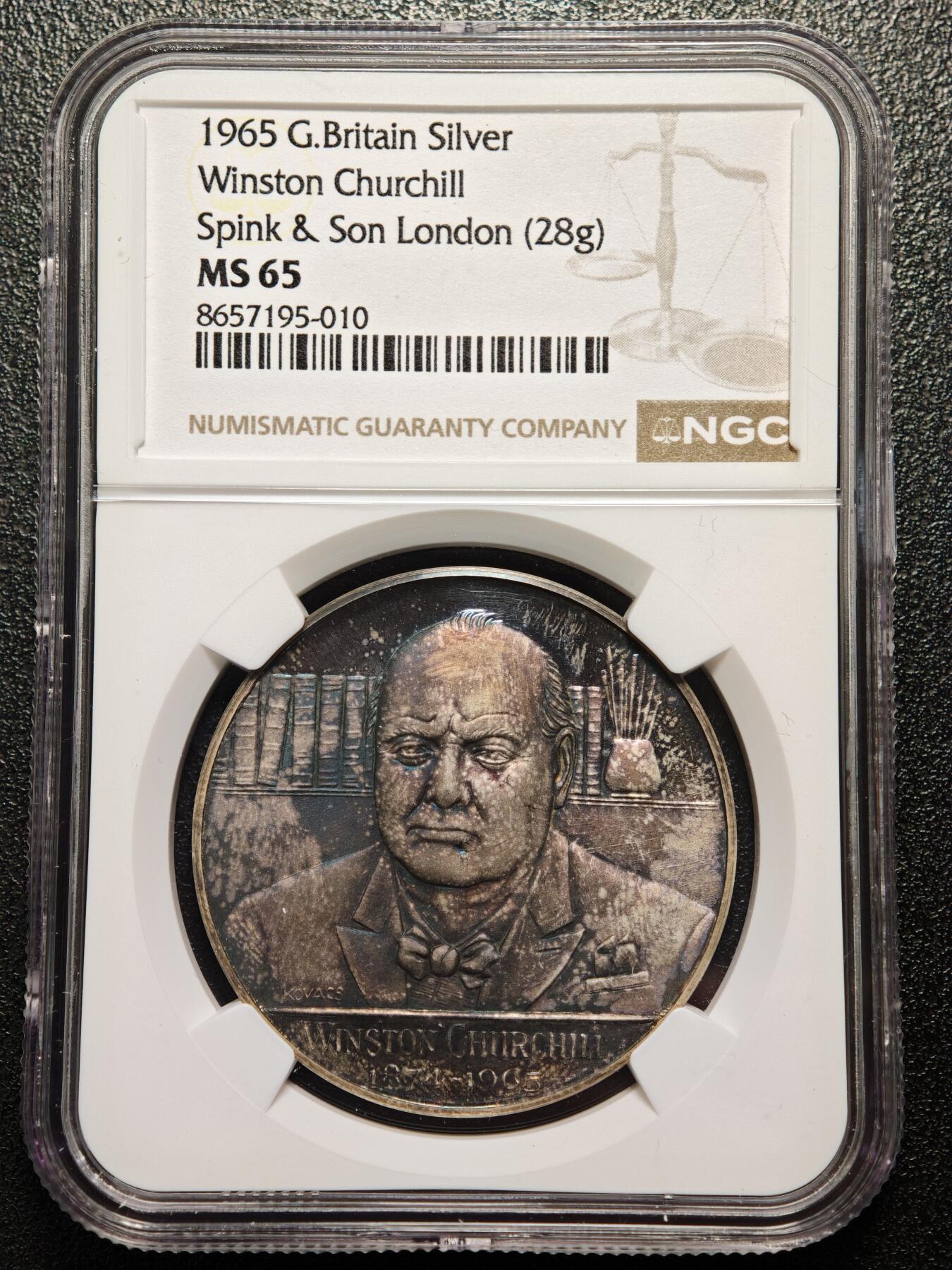 【德藏】世界币章拍卖第166期（拍品征集中~欢迎藏友联系） 1965年 英国原首相温斯顿·丘吉尔逝世28克纪念银章 NGC MS65 深彩包浆 状态极好