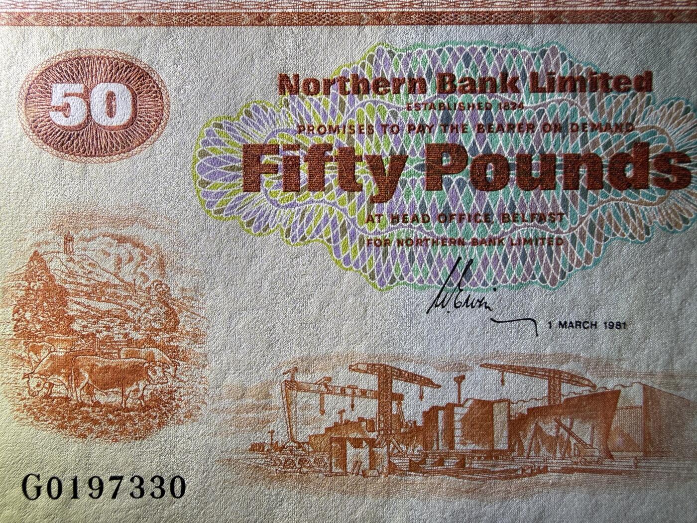 《艾美收藏》第234期-3.1周日外币精华场 北爱尔兰50镑 UNC 1981年 北方银行 橙色稀少版本 无4