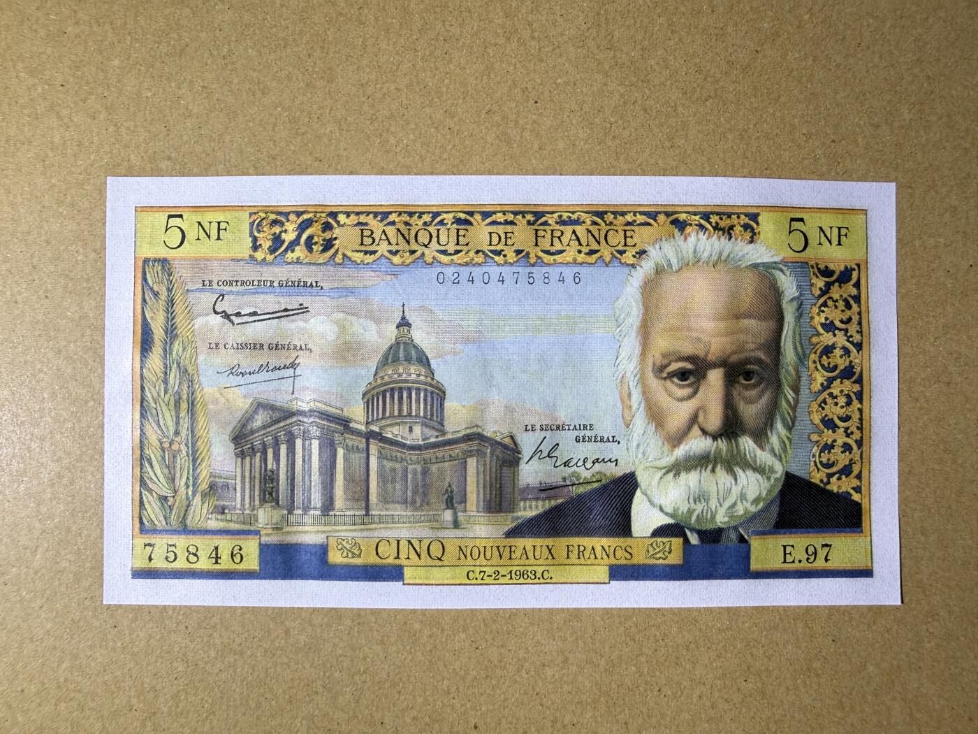 《艾美收藏》第234期-3.1周日外币精华场 法国5法郎 UNC 1963年 雨果 同号段的评了67、68分 见后续第75拍 送评时间太长 卖家不想等了