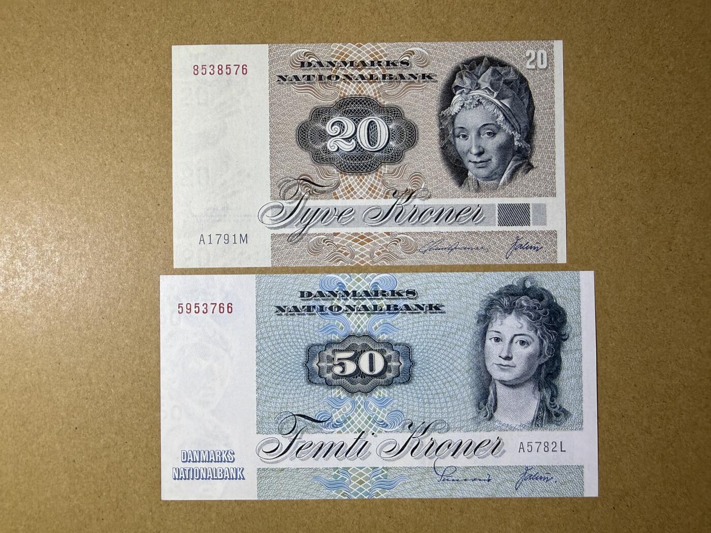《艾美收藏》第234期-3.1周日外币精华场 丹麦20、50克朗2张 UNC 动物版 无4