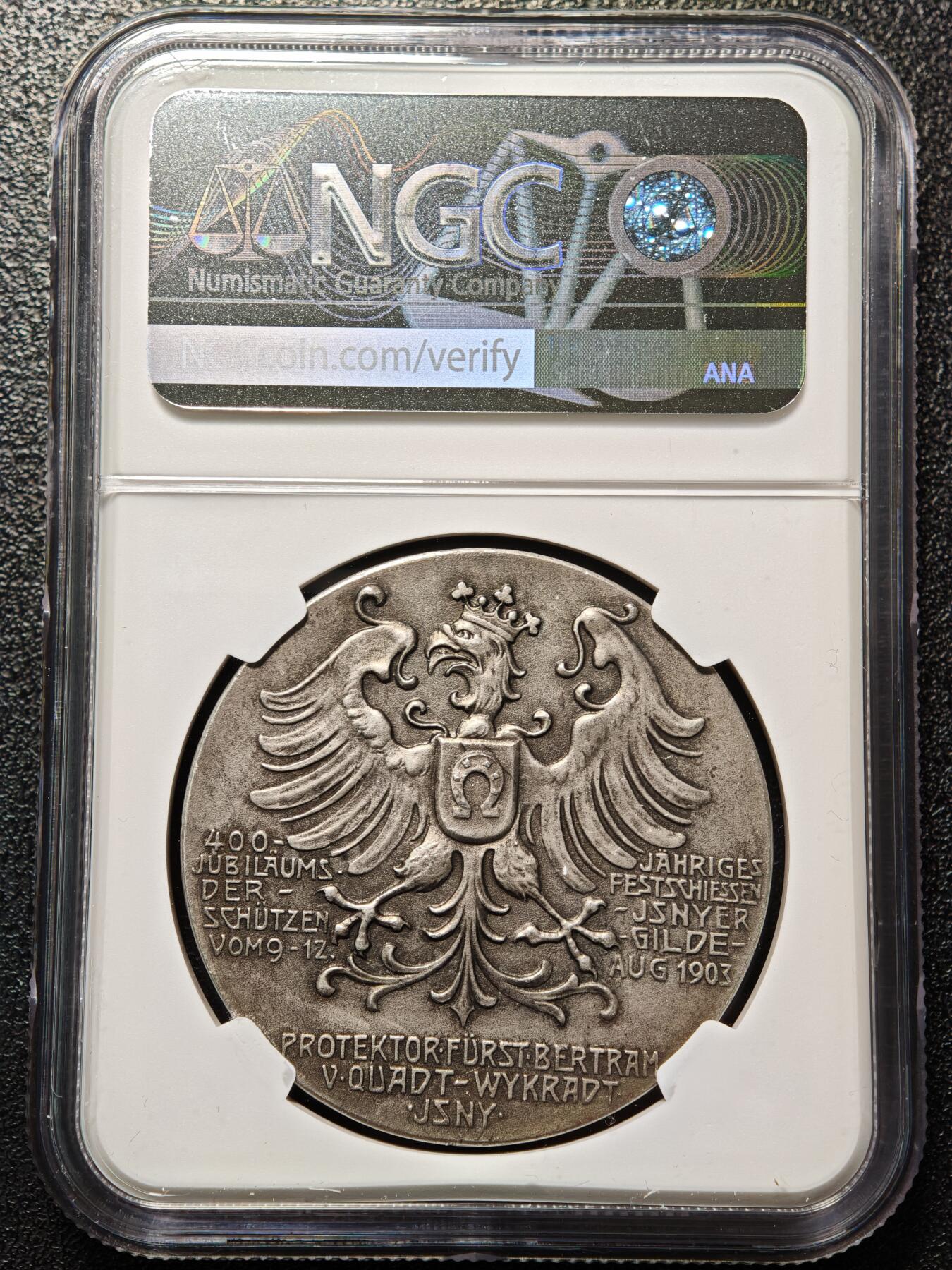 【德藏】世界币章拍卖第166期（拍品征集中~欢迎藏友联系） 1903年 德国伊瑟隆射击协会成立400周年纪念银章 NGC UNC 少见品种