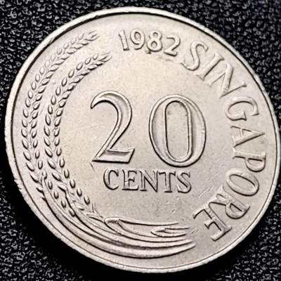 泉币菌-第202场-新年第10场 本场拍品多 请提前出价（正月十五统一发货） - 高币值 1982年 新加坡20分 海洋动物-剑鱼 24mm 