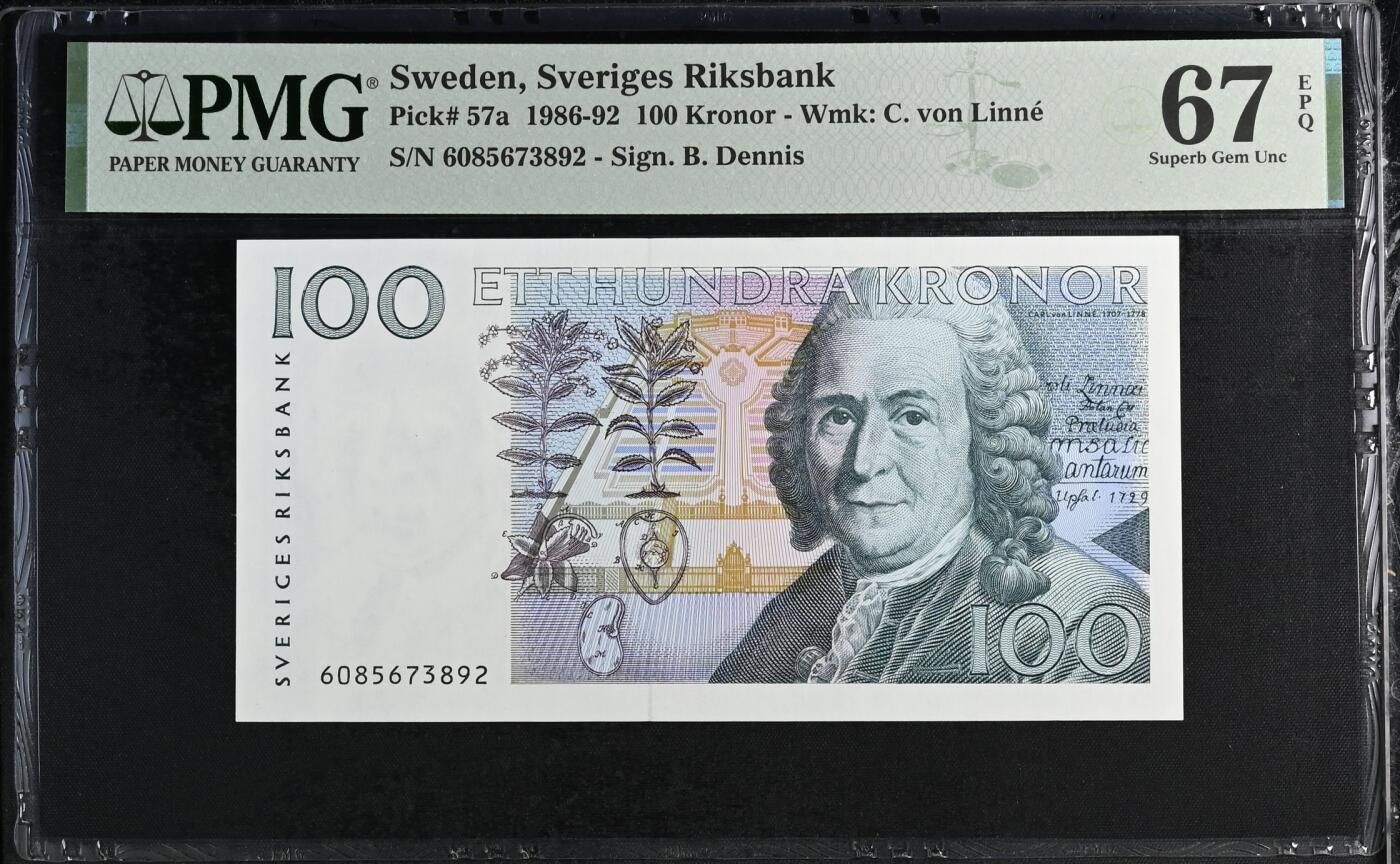 《艾美收藏》第234期-3.1周日外币精华场 瑞典1986年初版首发年100克朗PMG67E亚军分长号顿无4 冠军68分仅8张，植物学家林奈，少见初版1986首发年冠号数字6开头非常难评 Pick#57a