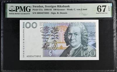 《艾美收藏》第234期-3.1周日外币精华场 - 瑞典1986年初版首发年100克朗PMG67E亚军分长号顿无4 冠军68分仅8张，植物学家林奈，少见初版1986首发年冠号数字6开头非常难评 Pick#57a