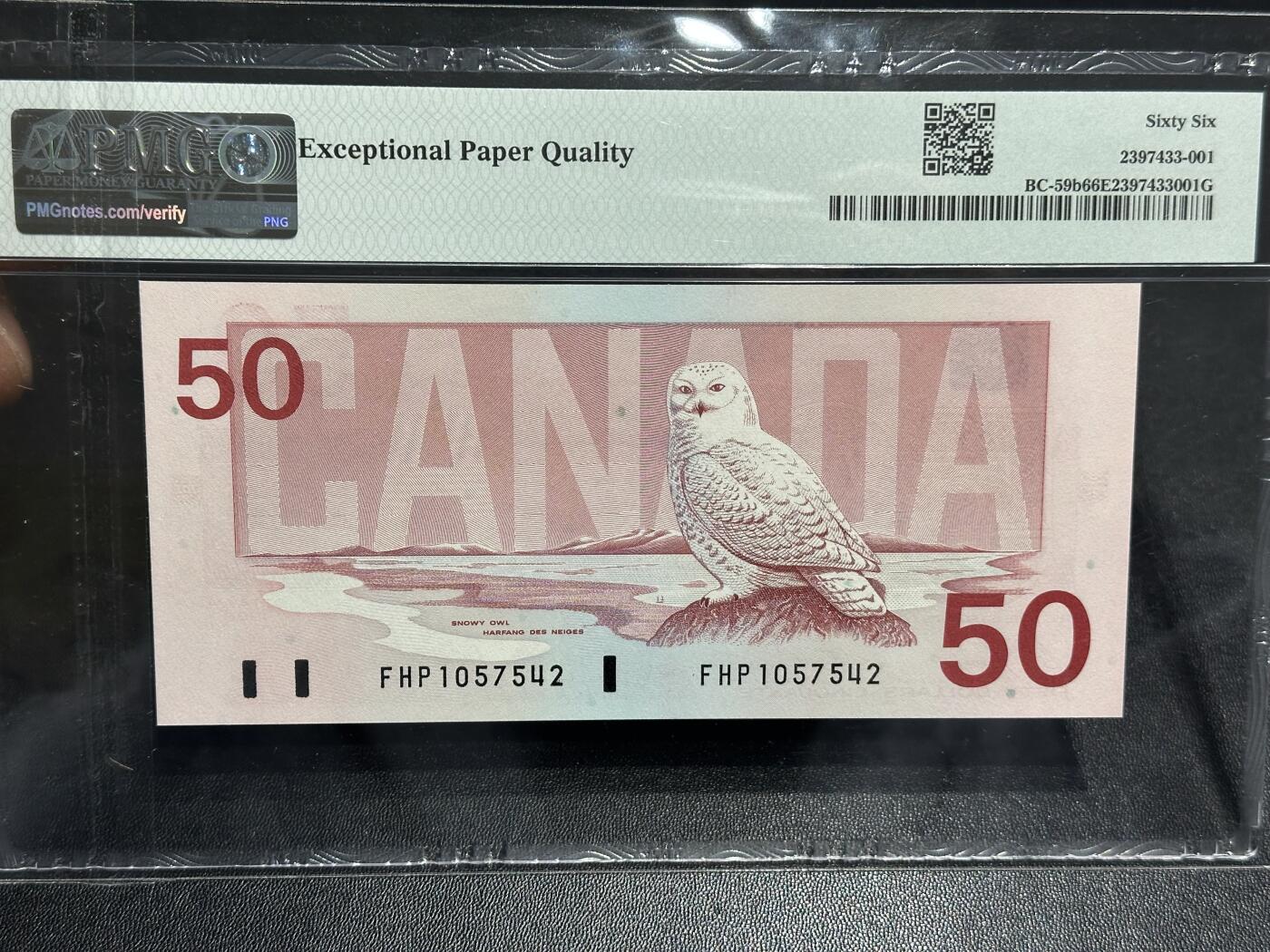 《外钞收藏家》第六百一十三期（ 精品场）（长期征集拍品、欢迎藏友们联系合作） 加拿大1988年鸟版50元PMG66（北极雪鸮，签名二）
