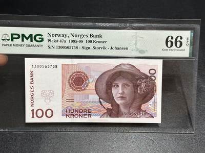 《外钞收藏家》第六百一十三期（ 精品场）（长期征集拍品、欢迎藏友们联系合作） - 挪威1995年初版首发年份100克朗PMG66（全程无4，女高音歌唱家弗拉格斯塔德）