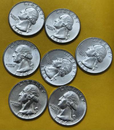 文馨钱币收藏第 295 场，（元宵场）各种银币散币纪念章，长期接代拍业务 - 全新卷拆品相 1964 年美国华盛顿白头鹰 25 美分银币，关门版 6.25 克 900 银，中拍随机一个，有几个 D 版分到谁就是谁，不指定给哪个