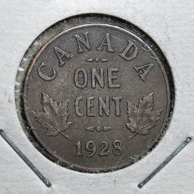 外国优质老铜币银币，正月十二晚九点倒数截拍，满百包邮可寄存，持续收拍 - 加拿大1928年1分铜币，正面为乔治五世高冠像，背面镌加拿大国花枫叶。发行于大萧条前夕，是加拿大延续英联邦君主象征、强化国家身份认同的流通辅币，见证了加拿大在经济动荡前的社会风貌。
