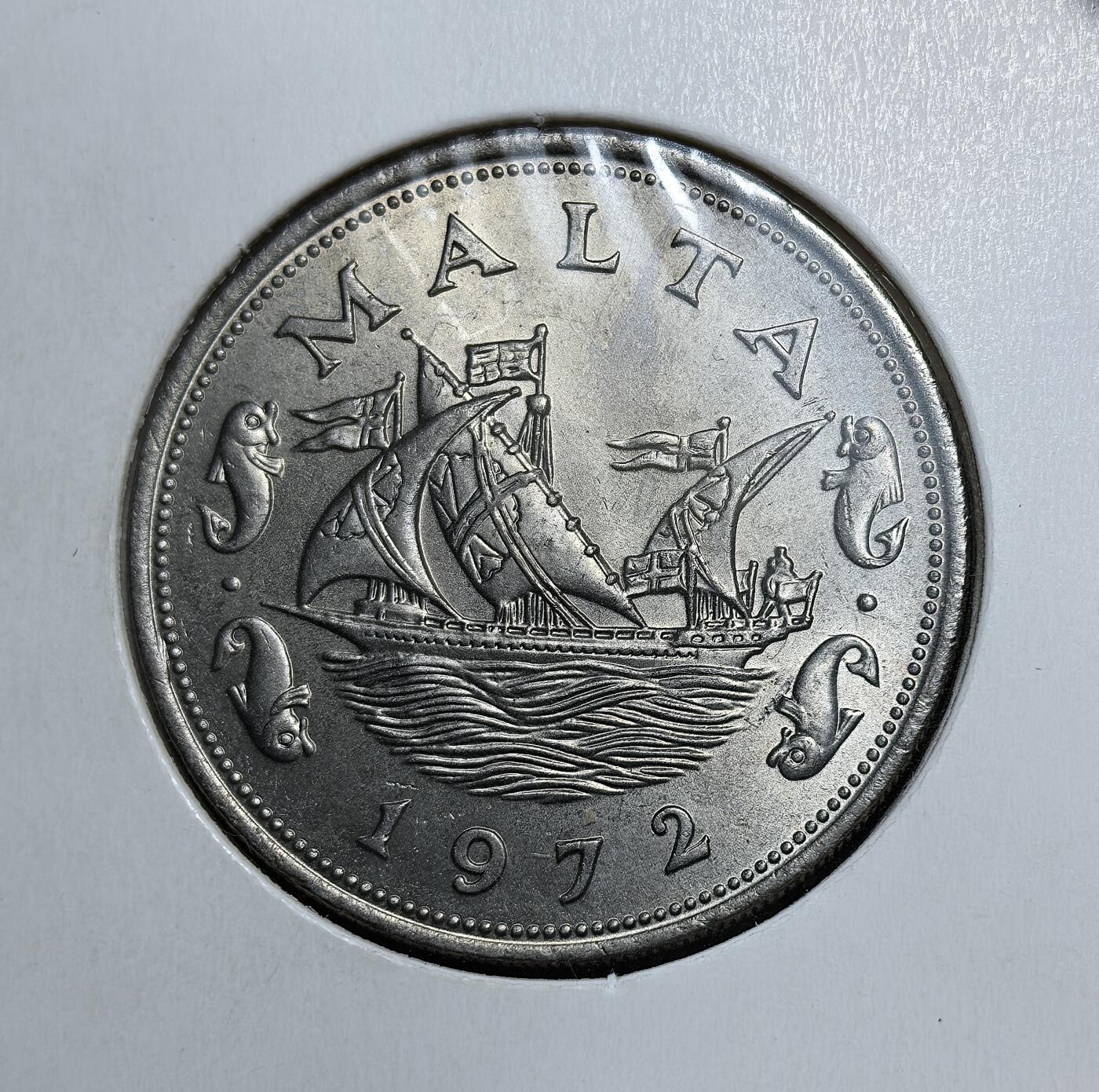 外国优质老铜币银币，正月十二晚九点倒数截拍，满百包邮可寄存，持续收拍 马耳他1972年10分，正面为面值与葡萄藤纹饰，背面是象征马耳他航海传统的中世纪帆船与海豚纹饰。此币是马耳他脱离英制货币、首次发行十进制里拉体系的核心辅币，见证其独立后货币主权的确立。