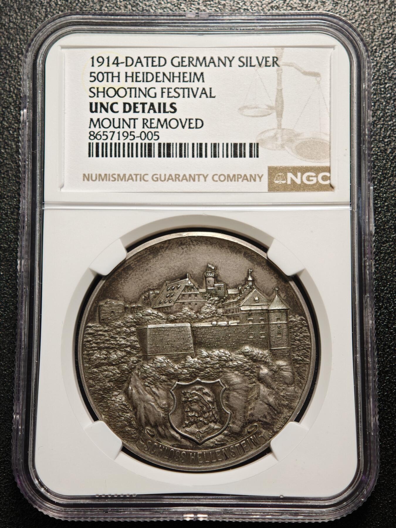 【德藏】世界币章拍卖第166期（拍品征集中~欢迎藏友联系） 1914年 德国符腾堡射击节城市景观纪念银章 NGC UNC 少见品种