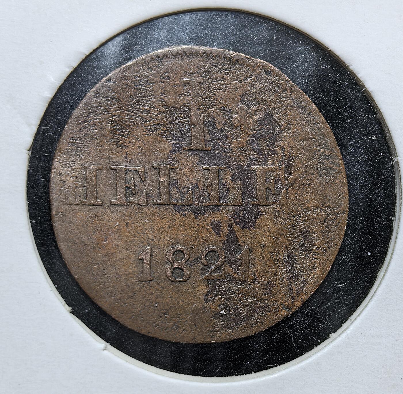 外国优质老铜币银币，正月十二晚九点倒数截拍，满百包邮可寄存，持续收拍 美因河畔法兰克福自由市1821 年1 赫勒铜币，以城市鹰徽为图案，是神圣罗马帝国解体后德国邦国林立时期的地方辅币，见证了德意志统一前的币制碎片化历史。