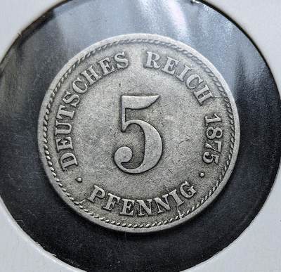 外国优质老铜币银币，正月十二晚九点倒数截拍，满百包邮可寄存，持续收拍 - 德意志帝国1875年5芬尼G版，正面为面值与年份，背面是帝国鹰徽。此币是德意志统一后首批帝国货币，取代各邦旧币，见证了德国从邦联走向统一帝国的货币体系整合。