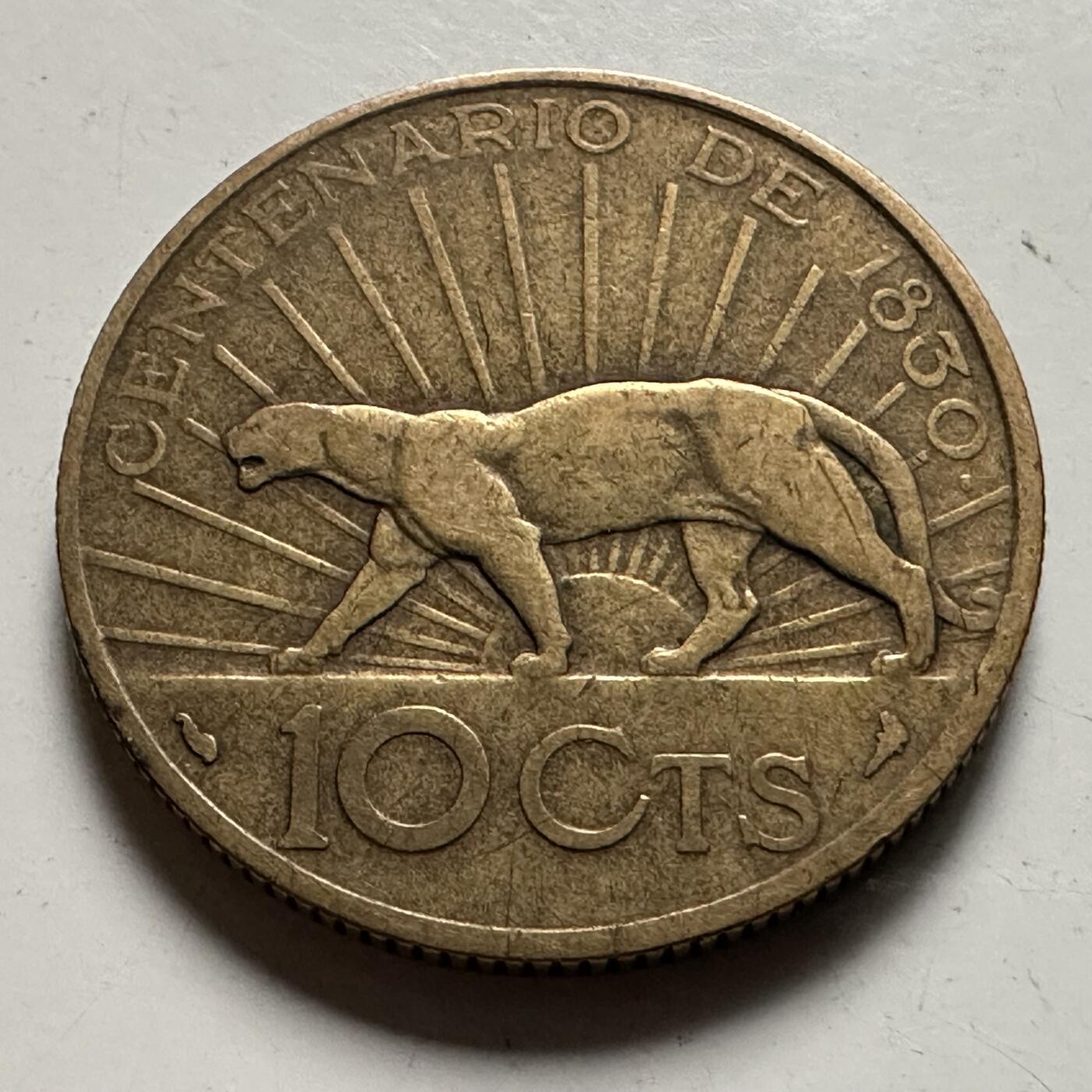 🌹外币初藏🌹🐯2026年第22场  每周二四六晚8️⃣点 接代拍 乌拉圭1930年独立百年10分铜镍币，美洲豹