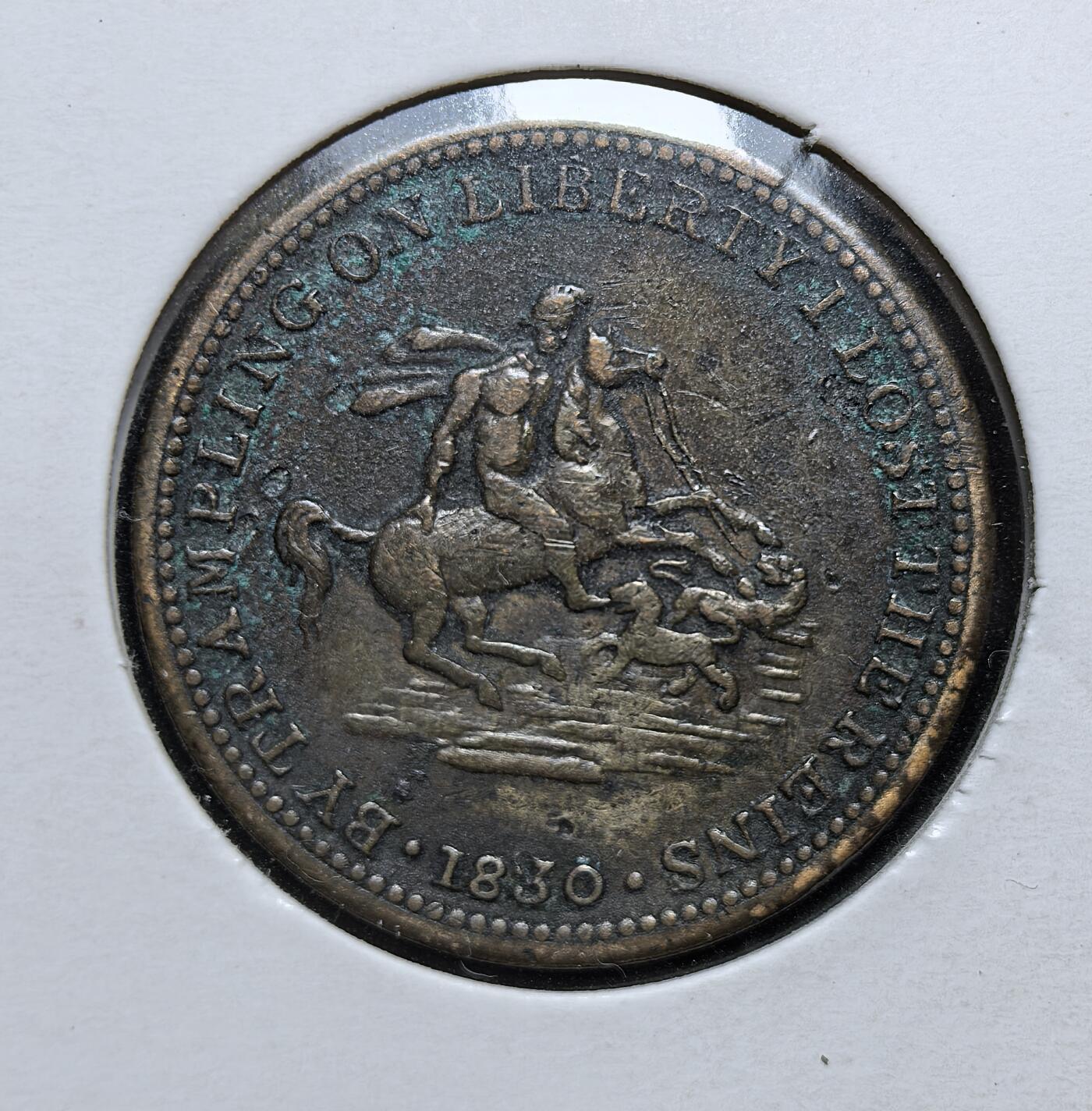 外国优质老铜币银币，正月十二晚九点倒数截拍，满百包邮可寄存，持续收拍 英国1830 年政治纪念代币，正面为格雷伯爵头像直径21.8mm，背面是骑师驭马的隐喻图案，铭文直指改革争议，是英国议会改革运动前夕舆论交锋的实物见证。