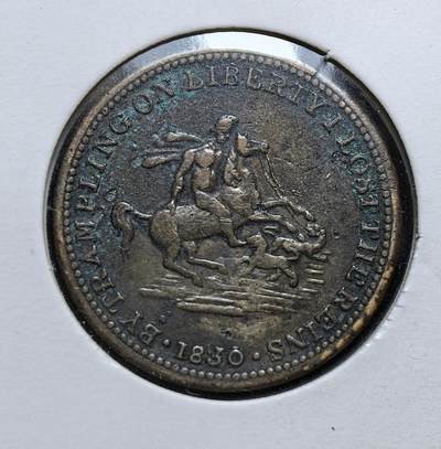 外国优质老铜币银币，正月十二晚九点倒数截拍，满百包邮可寄存，持续收拍 - 英国1830 年政治纪念代币，正面为格雷伯爵头像直径21.8mm，背面是骑师驭马的隐喻图案，铭文直指改革争议，是英国议会改革运动前夕舆论交锋的实物见证。