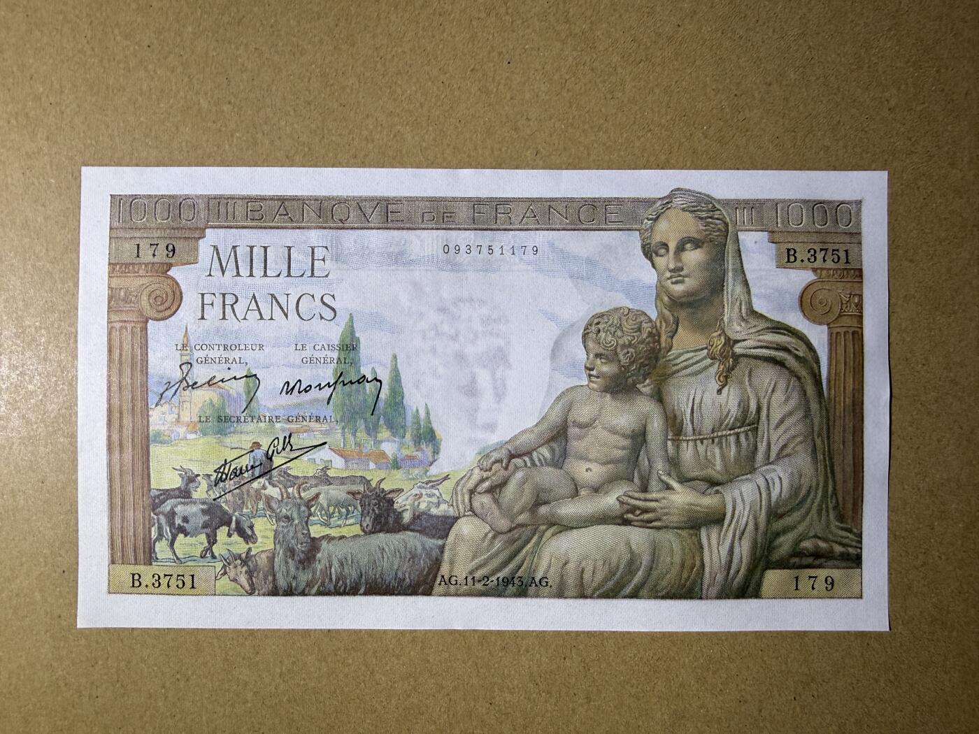 《艾美收藏》第234期-3.1周日外币精华场 法国1000法郎 UNC 1943年老版本 大票幅 无4