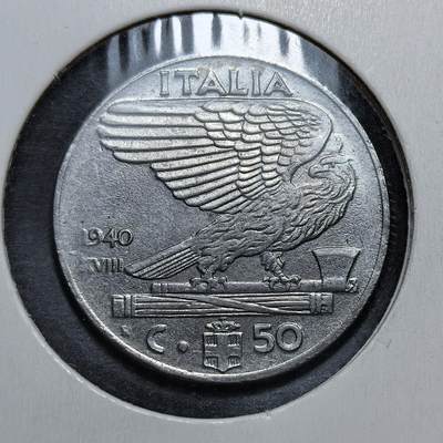 外国优质老铜币银币，正月十二晚九点倒数截拍，满百包邮可寄存，持续收拍 - 意大利王国1940年50分，正面为维克托・伊曼纽尔三世头像及 “皇帝” 头衔，背面是法西斯鹰徽与束棒。发行于二战初期，是墨索里尼政权宣扬帝国扩张、强化独裁统治的重要货币见证。