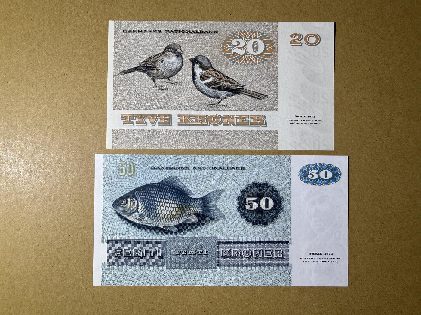 《艾美收藏》第234期-3.1周日外币精华场 丹麦20、50克朗2张 UNC 动物版 无4