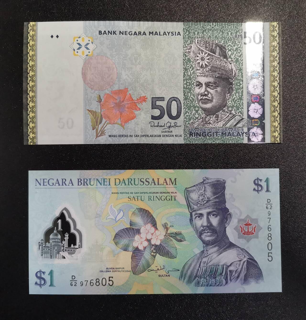 《艾美收藏》第234期-3.1周日外币精华场 (2张)马来西亚2009年50林吉特UNC无347 Pick#50d，文莱2019年1林吉特UNC无4 Pick#35d