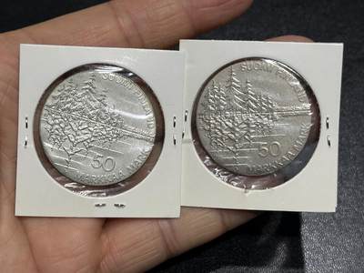 《外钞收藏家》第六百一十三期（ 精品场）（长期征集拍品、欢迎藏友们联系合作） - 芬兰1985年50马克《卡勒瓦拉》150周年获奖银币两枚一起