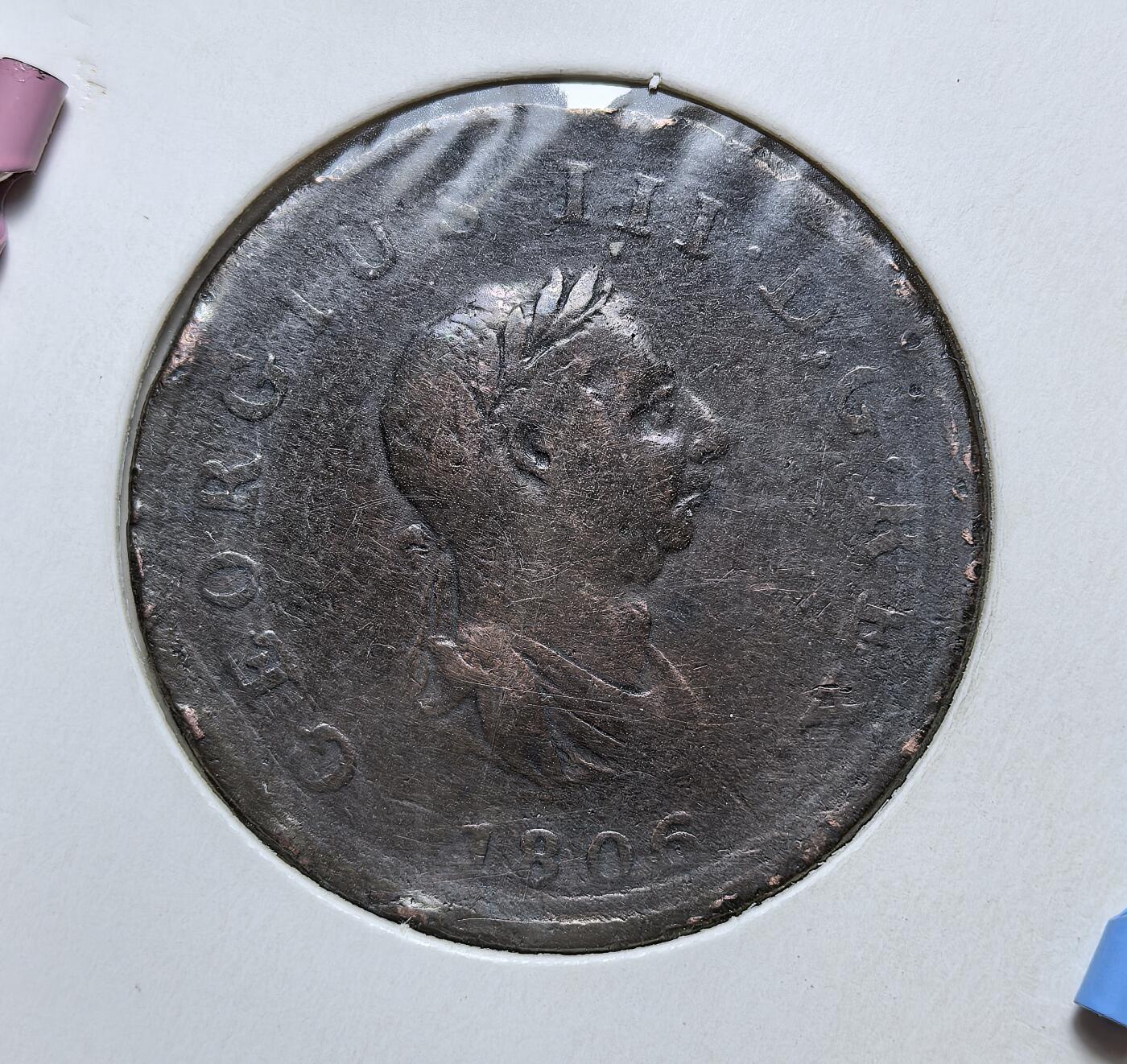 外国优质老铜币银币，正月十二晚九点倒数截拍，满百包邮可寄存，持续收拍 英国乔治三世1806 年半便士铜币直径28.5mm，10克，正面为国王头像，背面是手持三叉戟的不列颠尼亚坐像，见证了大英帝国鼎盛时期的币制与殖民扩张时代。