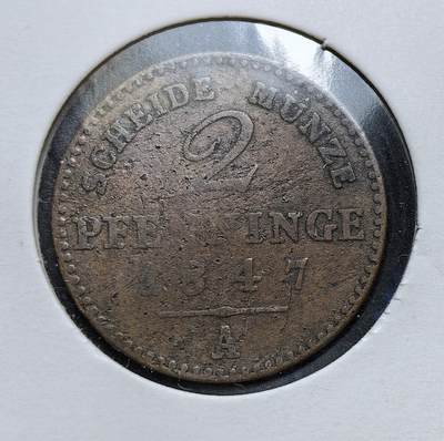 外国优质老铜币银币，正月十二晚九点倒数截拍，满百包邮可寄存，持续收拍 - 普鲁士王国1847 年2 芬尼铜币，面值为 1/180 塔勒，由柏林造币厂（厂标 “A”）铸造，属于弗里德里希・威廉四世时期的辅币，见证了德意志统一前普鲁士的币制体系。