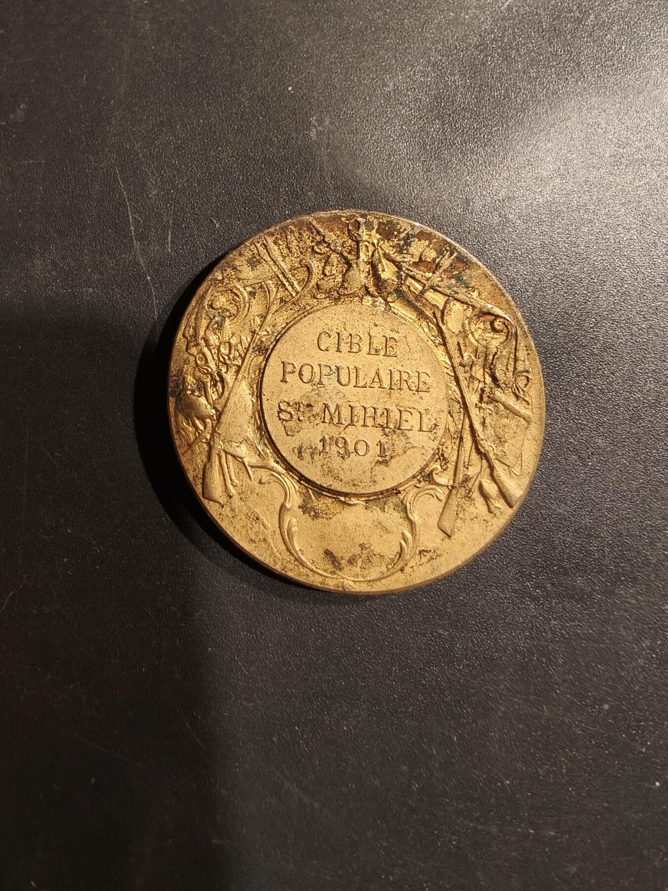 老王徽章第185期 法国1901年圣米耶尔地区射击竞赛大铜章 公鸡头玛丽安娜 直径30mm 重量12.8g