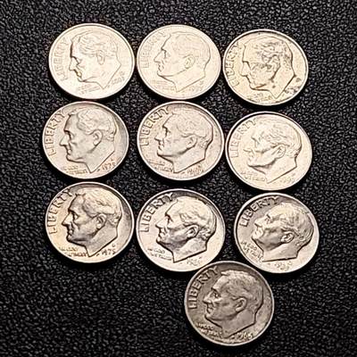 泉币菌-第201场- 新年快乐 新年第9场 本场拍品多 请提前出价（正月十五统一发货） - 高币值一组10枚 美国10美分镍币 罗斯福