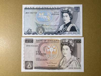 《艾美收藏》第234期-3.1周日外币精华场 - 英国5、10镑2张 UNC D序列 D.H.F.Somerset签名