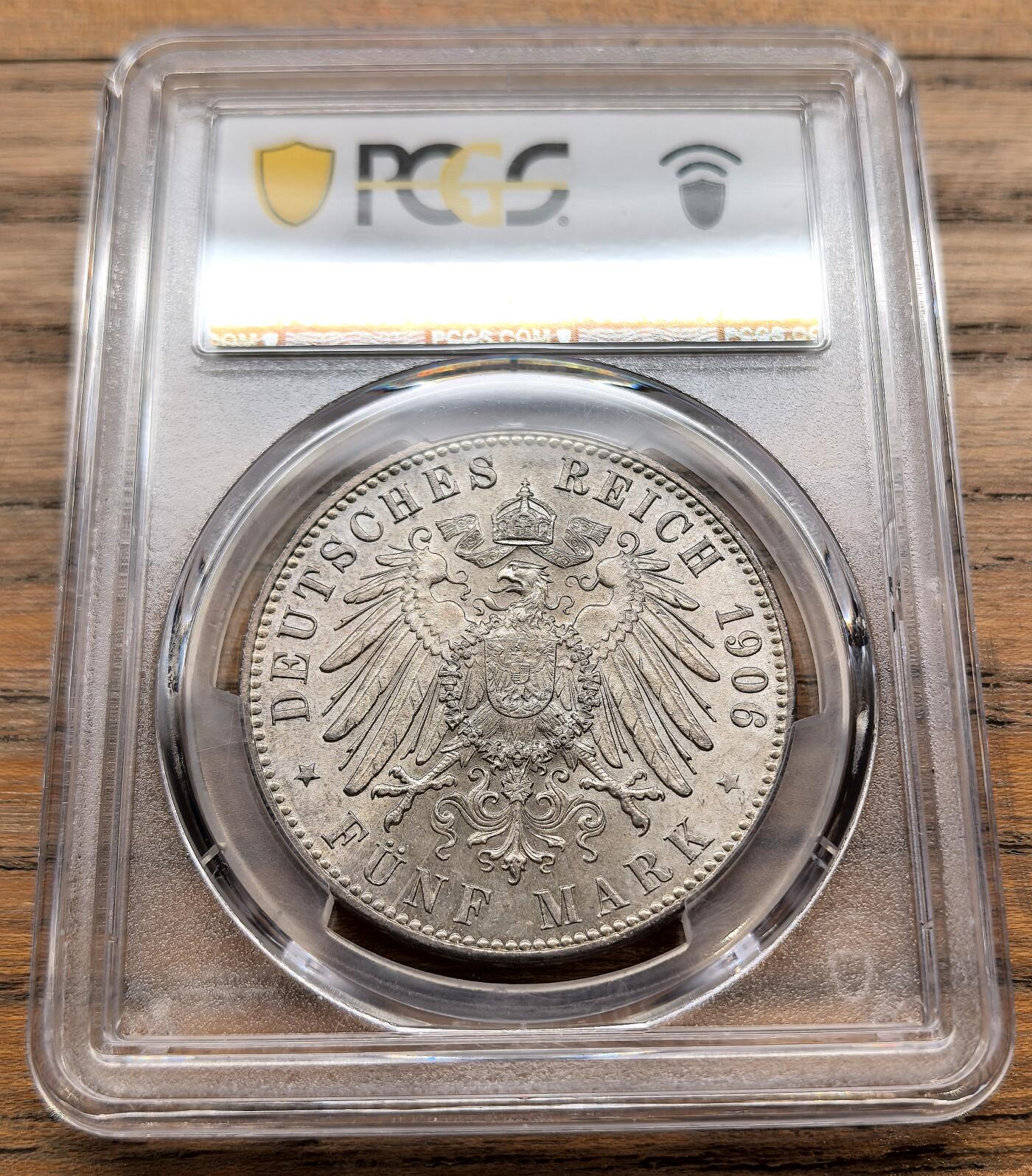 此心安处是吾乡·凡希社世界钱币微拍第三百二十期 荐！1906J德国不莱梅5马克大银PCGS-MS66，淡彩粉光，高分，实物上手更赞。（视频参考）