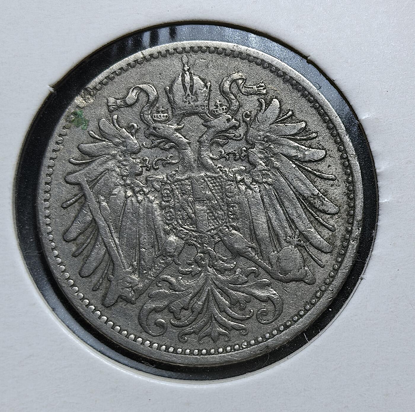 外国优质老铜币银币，正月十二晚九点倒数截拍，满百包邮可寄存，持续收拍 奥匈帝国1893年20 赫勒，属 1892 年货币改革后的首批流通辅币。背面为象征帝国权威的双头鹰，正面标注面值与年份。该币取代旧版古尔登体系，确立金本位制下的十进制货币，见证帝国鼎盛期的金融统一。