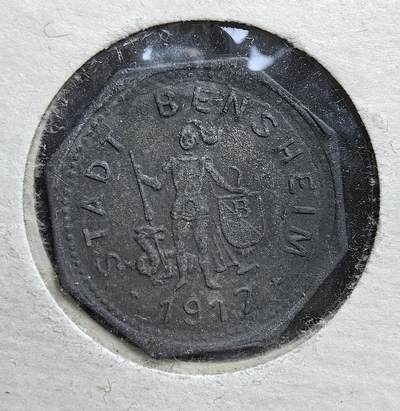 外国优质老铜币银币，正月十二晚九点倒数截拍，满百包邮可寄存，持续收拍 - 德国本斯海姆市1917年10 芬尼八角形战时应急币。一战期间德国金属短缺、通货紧缩，地方政府发行此币以解辅币荒，正面铸城市名与古典女神像，是德意志帝国晚期战时经济的珍贵实物见证。