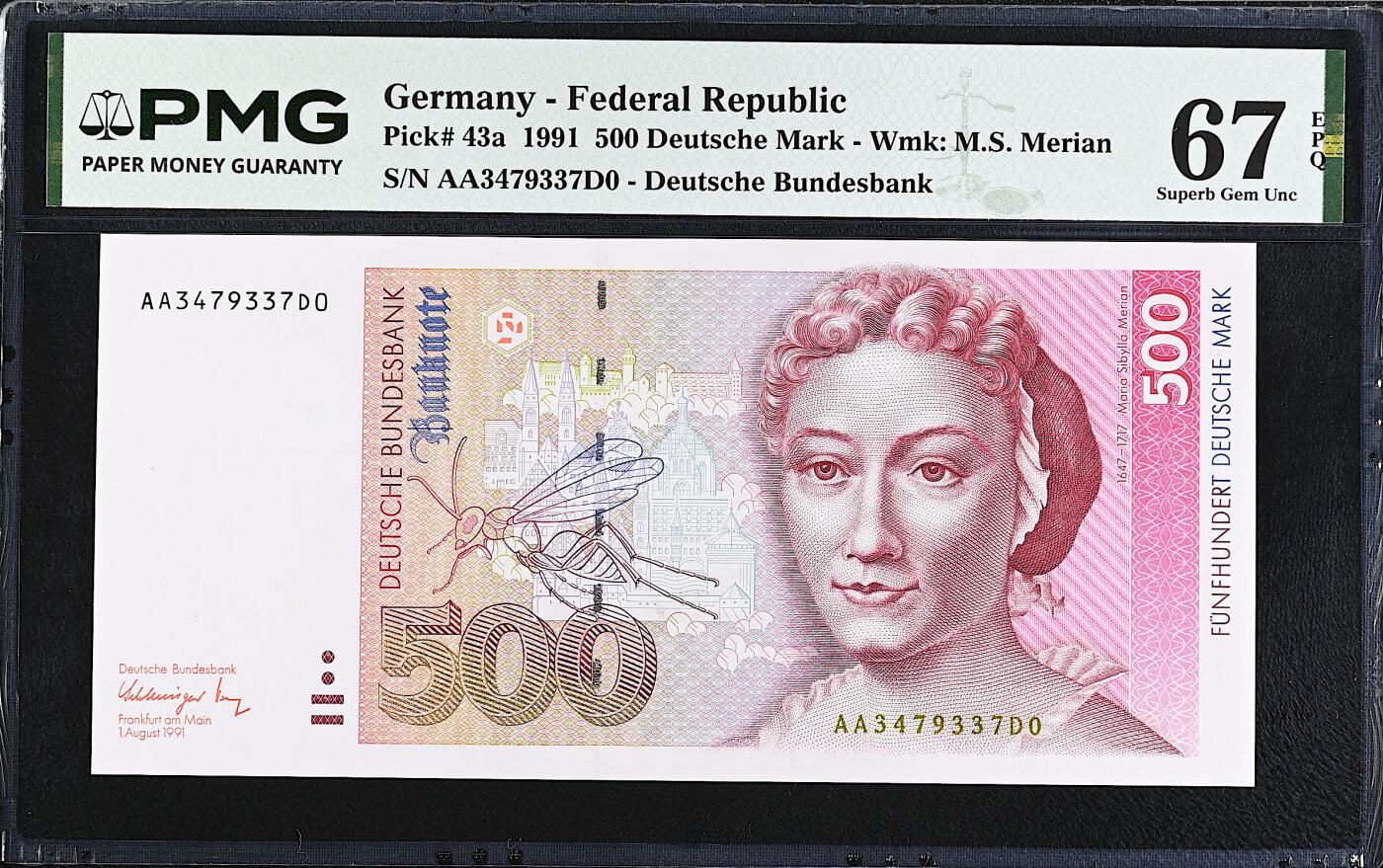 《艾美收藏》第234期-3.1周日外币精华场 德国500马克 PMG67E 1991年 梅里安 AA冠