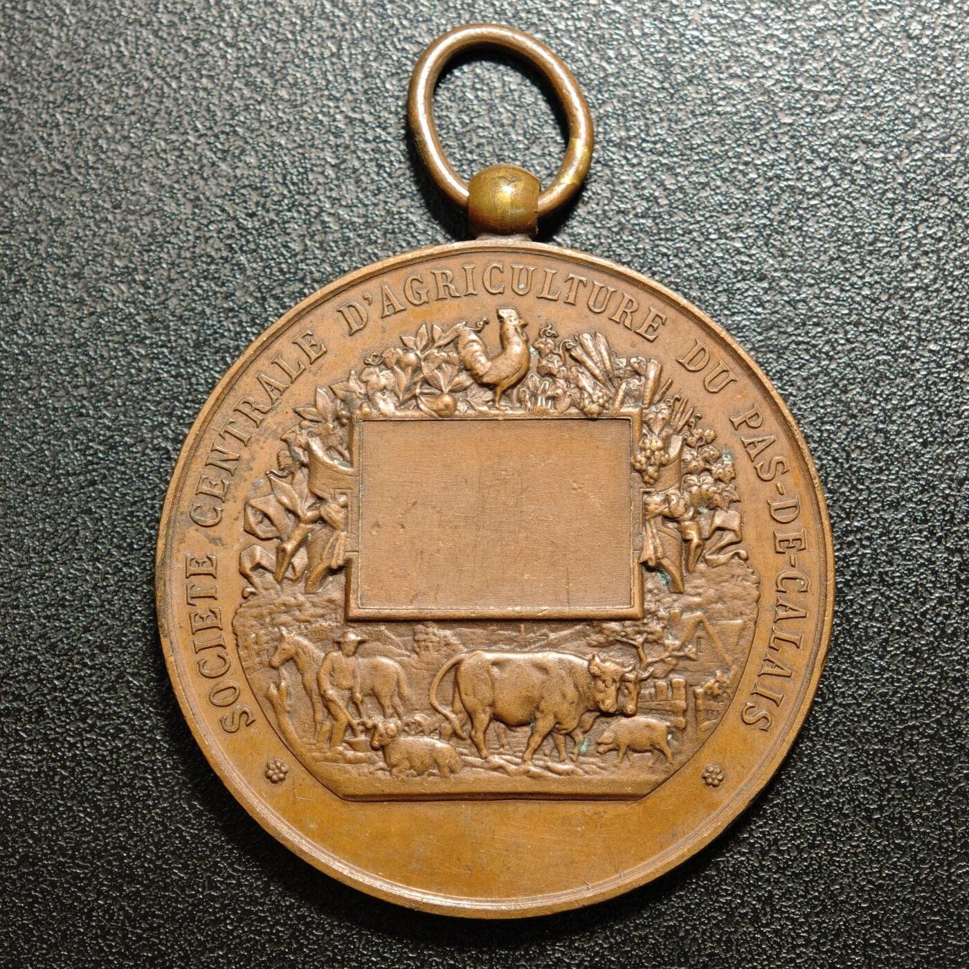【德藏】世界币章拍卖第166期（拍品征集中~欢迎藏友联系） 20世纪初 法国第三共和国加来海峡中央农业协会奖章纪念铜章 直径约：46.9mm；重约：42g