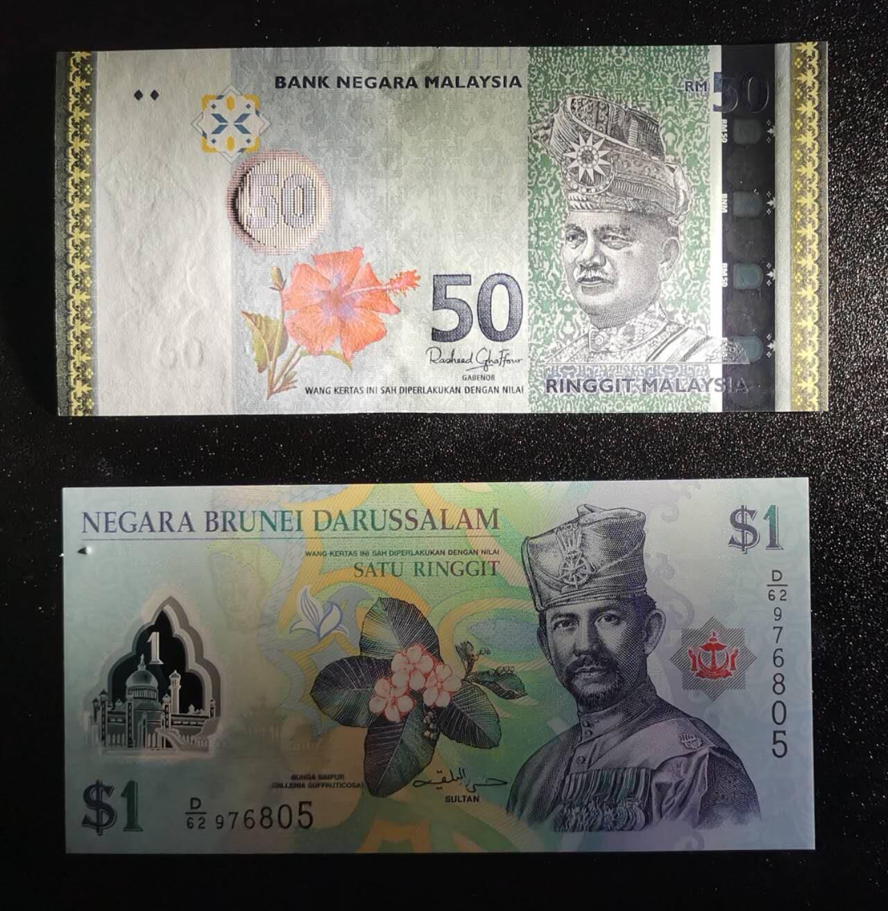 《艾美收藏》第234期-3.1周日外币精华场 (2张)马来西亚2009年50林吉特UNC无347 Pick#50d，文莱2019年1林吉特UNC无4 Pick#35d