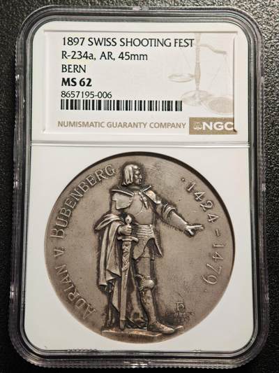 【德藏】世界币章拍卖第166期（拍品征集中~欢迎藏友联系） - 1897年 瑞士伯尔尼射击节纪念银章 NGC MS62 淡包浆细节完美