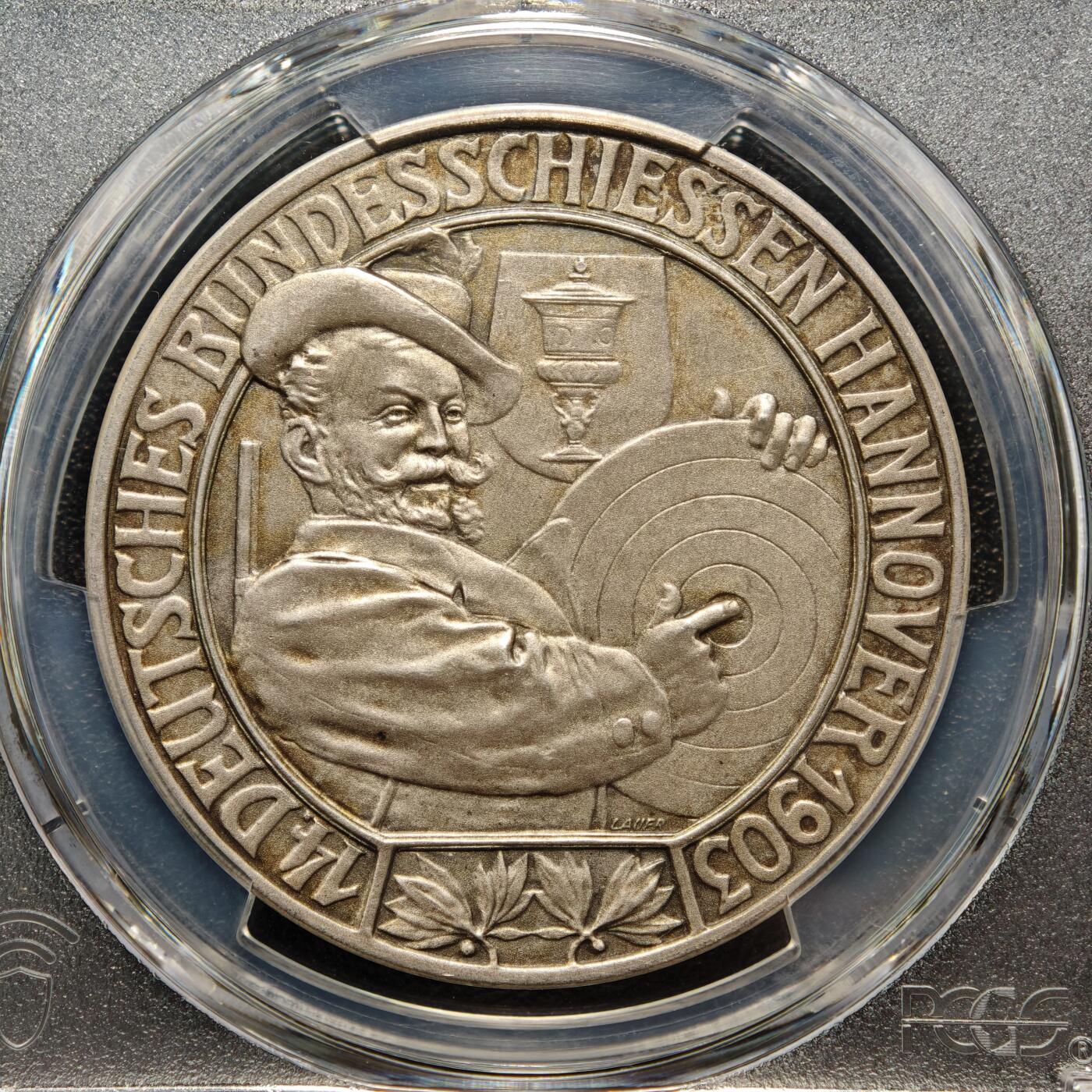 【德藏】世界币章拍卖第166期（拍品征集中~欢迎藏友联系） 1903年 德国汉诺威第14届德意志联邦射击节纪念银章 PCGS SP64 淡包浆类磨砂质感