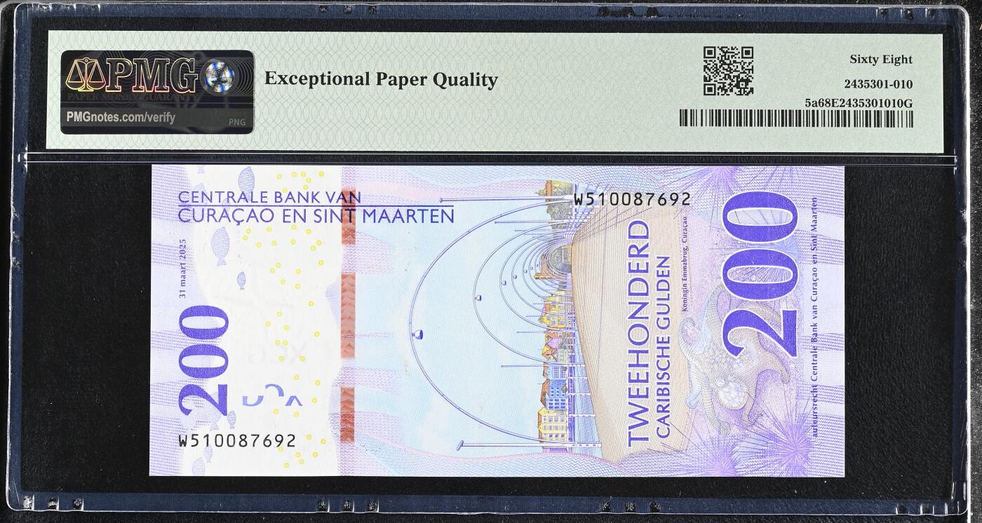 《艾美收藏》第234期-3.1周日外币精华场 库拉索和圣马丁2025年首发W5冠200盾PMG68E超高亚军分万位小号无4  冠军69分仅1张 海马 今年IBNS世界最佳纸币获奖钞大热品种 Pick#5a