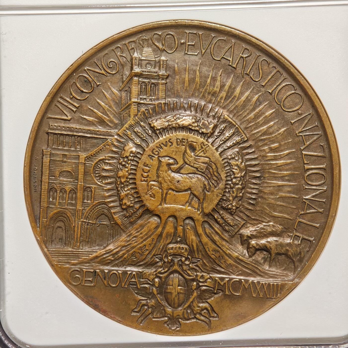 【德藏】世界币章拍卖第166期（拍品征集中~欢迎藏友联系） 1923年 意大利热那亚全国圣体大会奖章纪念铜章 NGC UNC 包浆温润细节极其丰富 图案刻画细致