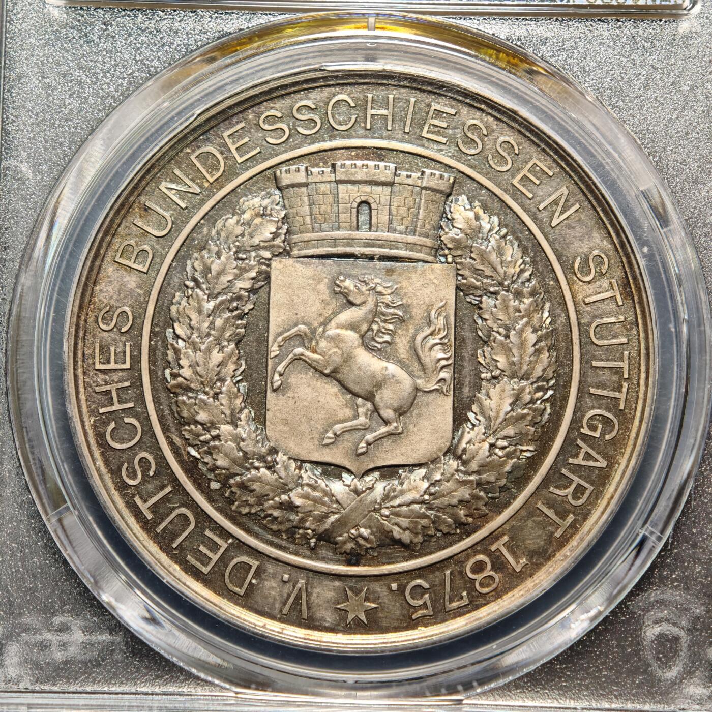 【德藏】世界币章拍卖第166期（拍品征集中~欢迎藏友联系） 1875年 德国斯图加特射击节银章 PCGS SP64 五彩包浆 状态极佳