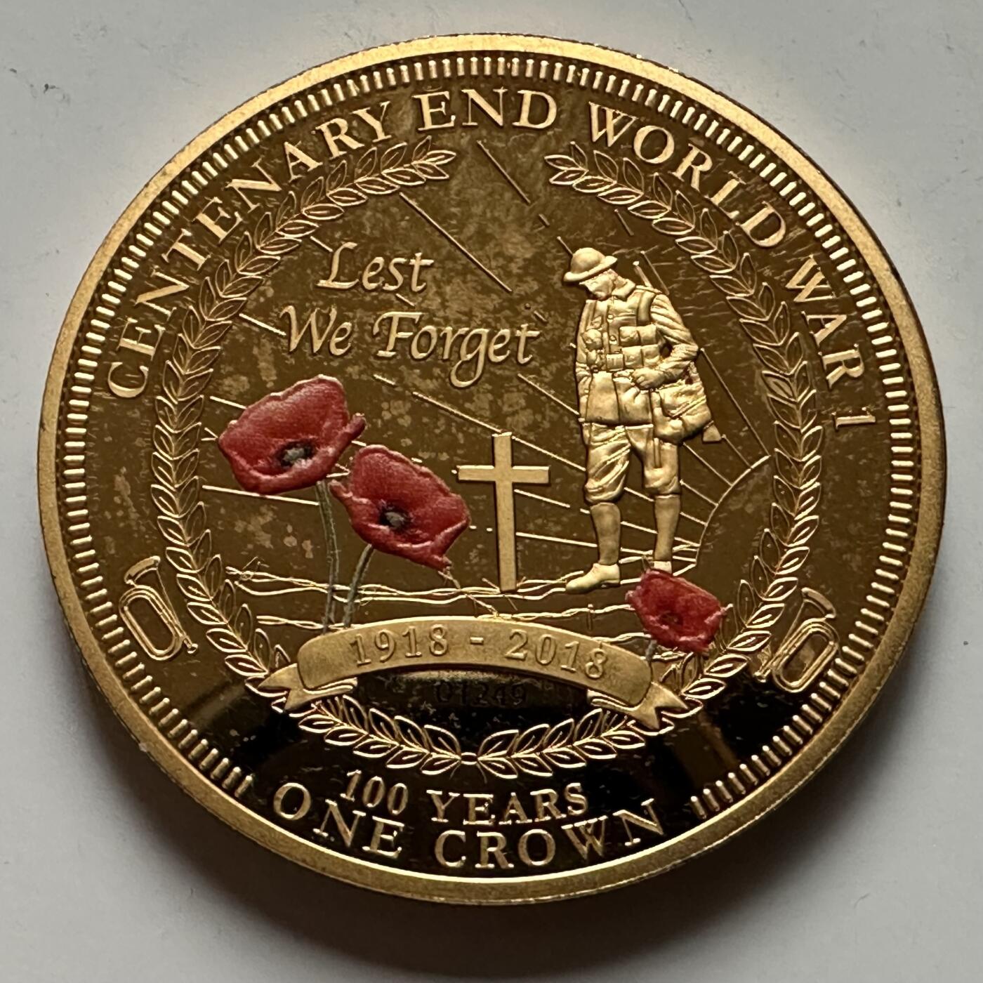 🌹外币初藏🌹🐯2026年第22场  每周二四六晚8️⃣点 接代拍 特里斯坦-达库尼亚2018年一战结束百年1克朗镀金纪念币，罂粟花彩印，40mm，