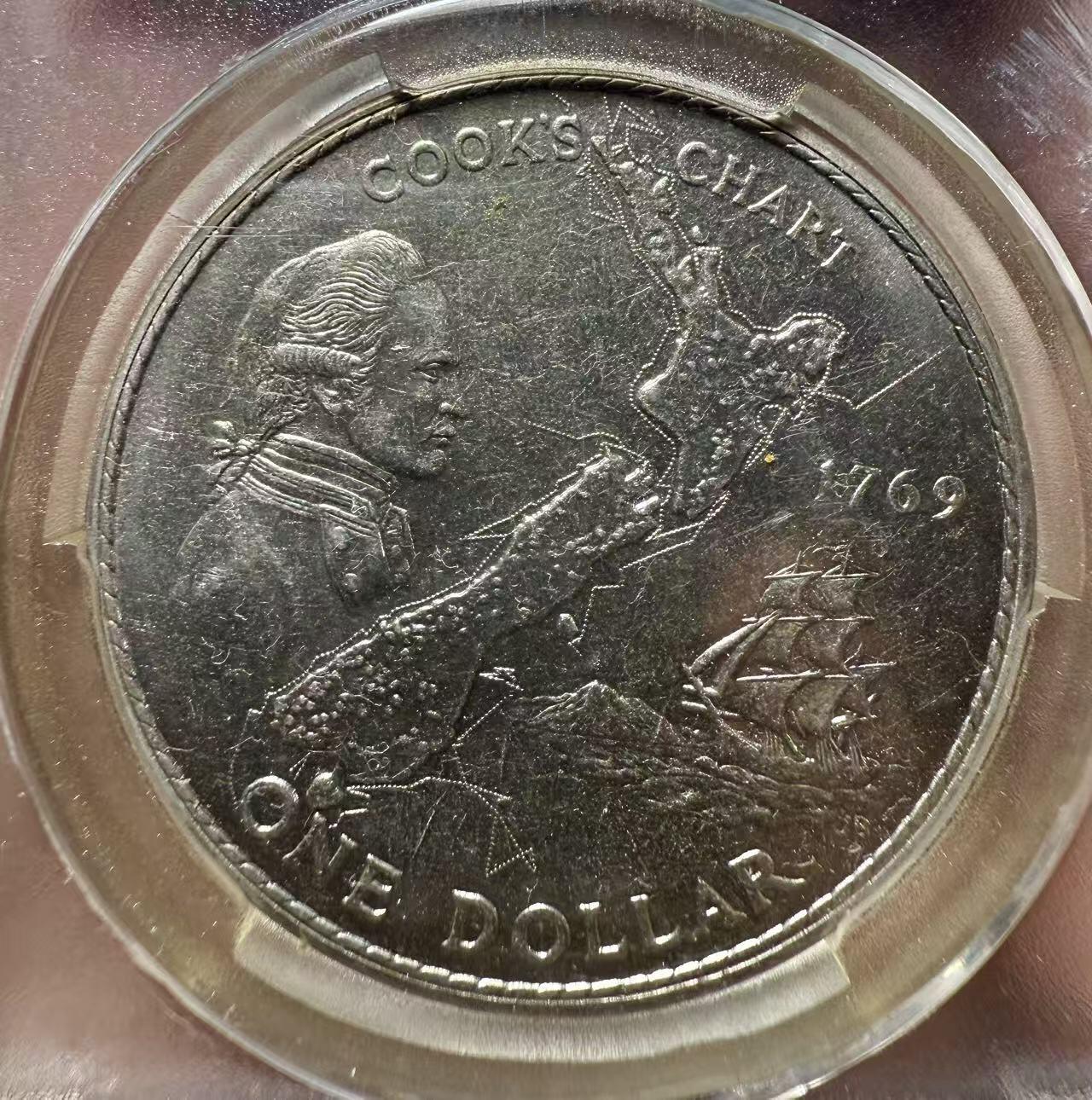 七河·世界世界币章杂件小拍（总第39期） 1969年新西兰库克船长首次登陆新西兰200周年1新元镍币