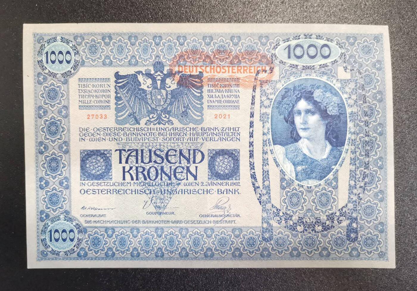 《艾美收藏》第234期-3.1周日外币精华场 奥地利(奥匈帝国)1902年1000克朗UNC无4 浅色 角不太绝 原汁原味 百年老票全新品相难得 超大票幅