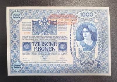 《艾美收藏》第234期-3.1周日外币精华场 - 奥地利(奥匈帝国)1902年1000克朗UNC无4 浅色 角不太绝 原汁原味 百年老票全新品相难得 超大票幅
