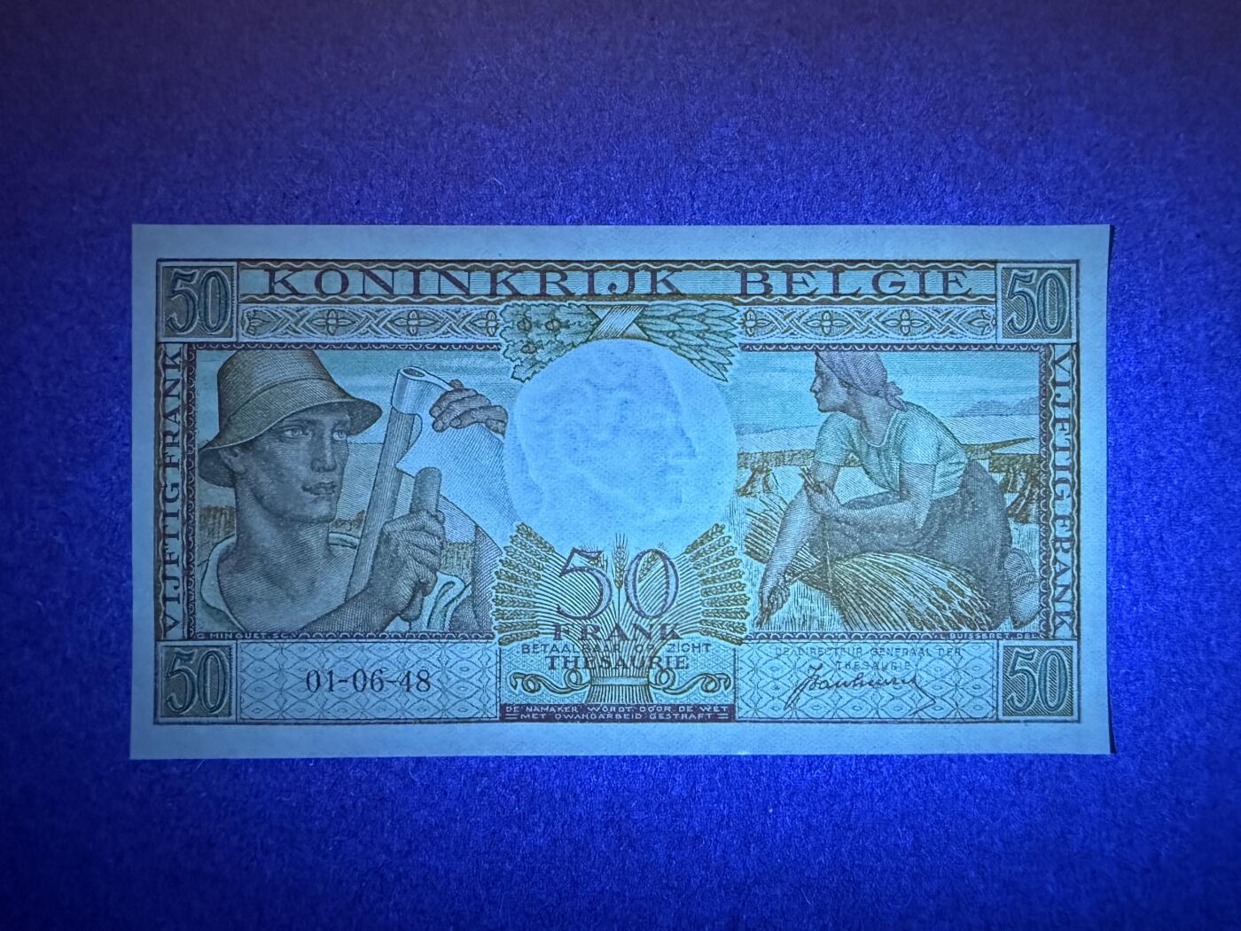 《艾美收藏》第234期-3.1周日外币精华场 比利时50法郎 UNC 1948年早期版本 无4