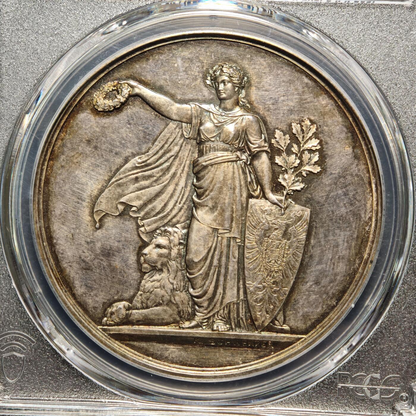 【德藏】世界币章拍卖第166期（拍品征集中~欢迎藏友联系） 1875年 德国斯图加特射击节银章 PCGS SP64 五彩包浆 状态极佳