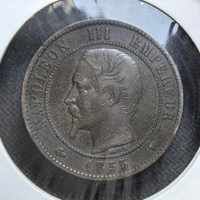 外国优质老铜币银币，正月十二晚九点倒数截拍，满百包邮可寄存，持续收拍 - 法兰西第二帝国1855年10生丁铜币直径30mm，正面为拿破仑三世头像，背面是帝国鹰徽。发行于拿破仑三世统治初期，是其延续拿破仑家族象征、巩固帝制权威的流通辅币，见证了法国从共和走向帝制的政治转型。