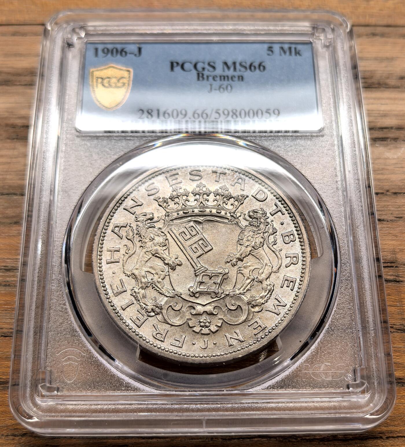 此心安处是吾乡·凡希社世界钱币微拍第三百二十期 荐！1906J德国不莱梅5马克大银PCGS-MS66，淡彩粉光，高分，实物上手更赞。（视频参考）