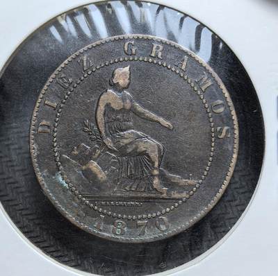 外国优质老铜币银币，正月十二晚九点倒数截拍，满百包邮可寄存，持续收拍 - 西班牙第一共和国1870 年10 分铜币直径30mm，正面为象征西班牙的坐像，背面是持盾雄狮与币重铭文，见证了西班牙从君主制向共和制过渡的动荡政局