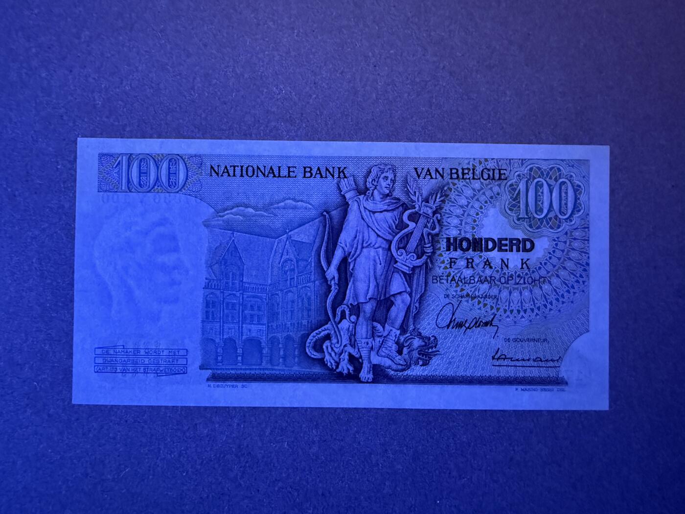 《艾美收藏》第234期-3.1周日外币精华场 比利时100法郎 UNC 1967年 局部荧光